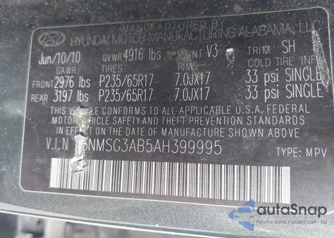 2010 Hyundai Santa Fe Gls from USA, damaged, VIN 5NMSG3AB5AH399995